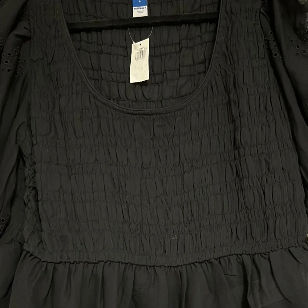 Black Smocked Peplum Blouse with Puff Sleeves